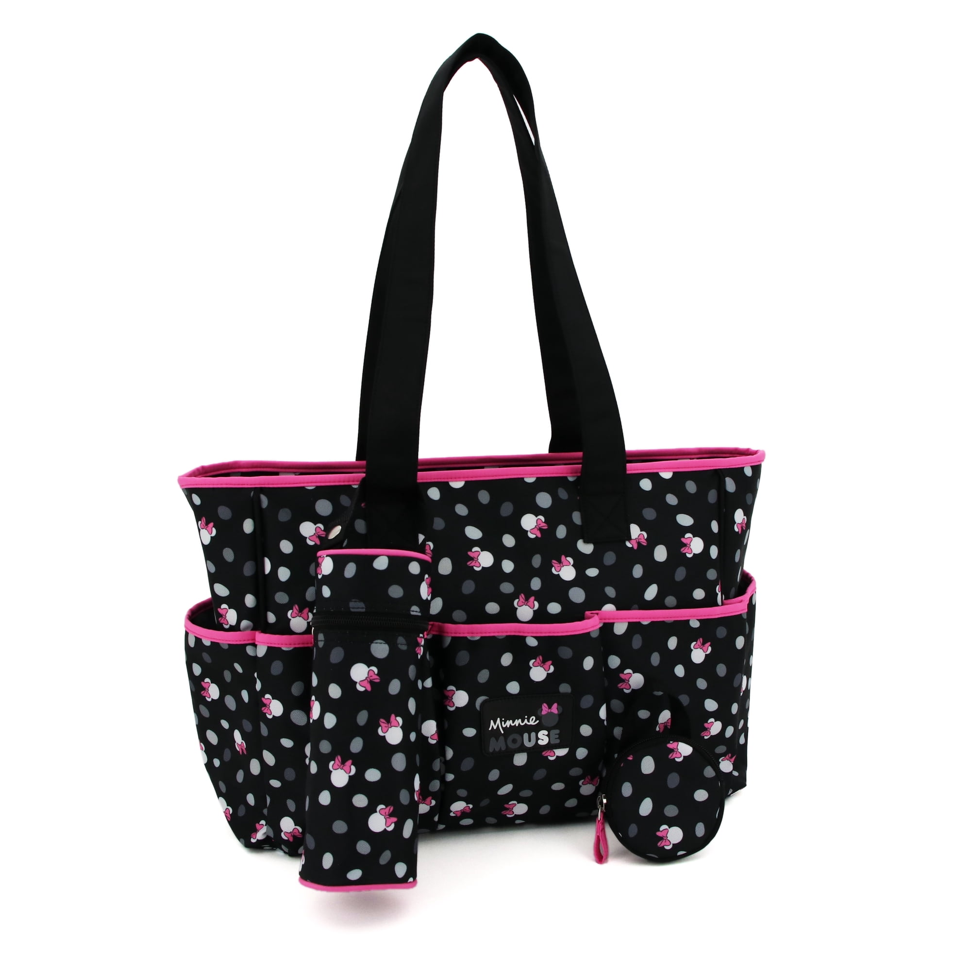 Disney Minnie Mouse Multi Piece Diaper Bag set with Minnie Mouse Toss Heads Print (includes changing pad, insulated bottle holder and pacifier holder