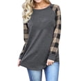 thumbnail image 3 of Camiseta de mujer Cuello redondo Manga larga Empalme Plaid Top Casual, Caqui Plaid, L Methold AP000777-10, 3 of 7