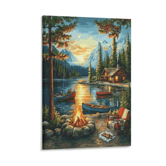 Cabin Life Canvas Wall Art 8x12inch Canvas Print Cabin Boats And Canoes in The Water at Sunset Bathroom Wall Art Artwork Canvas Print Pictures For Gifts Framed For Home Decor