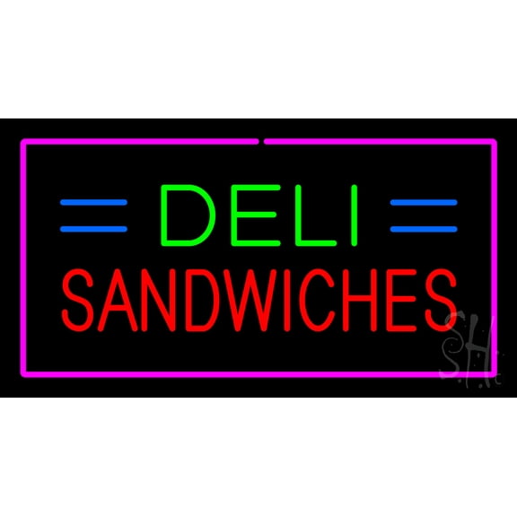 Deli Sandwiches Pink Border LED Neon Sign 13 x 24 - inches, Clear Edge Cut Acrylic Backing, with Dimmer - Bright and Premium built indoor LED Neon Sign for restaurant window and interior decor.