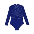 thumbnail image 5 of iiniim Kids Girls Gymnastics Leotard Long Sleeve Rhinestones Splice Mesh Dance Figure Skating Bodysuit Navy Blue 14, 5 of 7