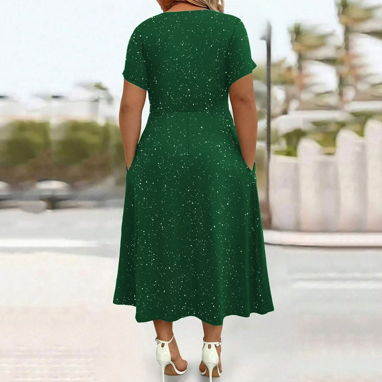 Waist Cinching Elegant Dress With A Vneck Shimmering Powder Finish Twisted Ribbon Detailing And Pocket Design Green / 4XL