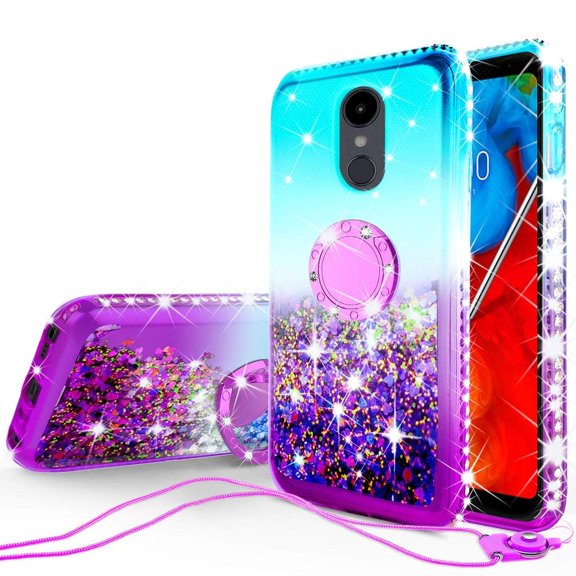 SOGA Cover Compatible for LG Stylo 5 Case, LG Stylo 5 Plus Case, Liquid Floating Quicksand Case with Diamond Ring Stand for Magnetic Car Mount - Purple on Teal
