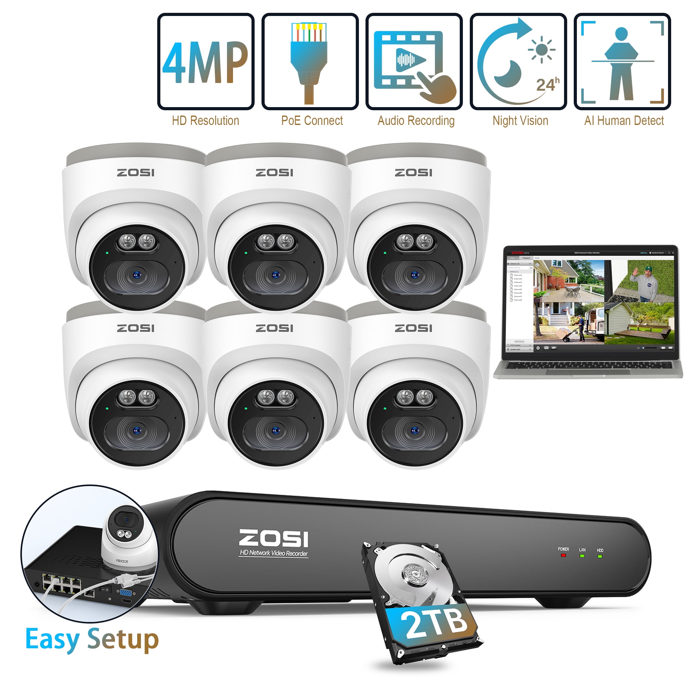 4MP Security Camera System, ZOSI PoE Security Cameras Outdoor, 5MP 3K NVR with 2TB Hard Drive, One Way Audio, AI Human Detection