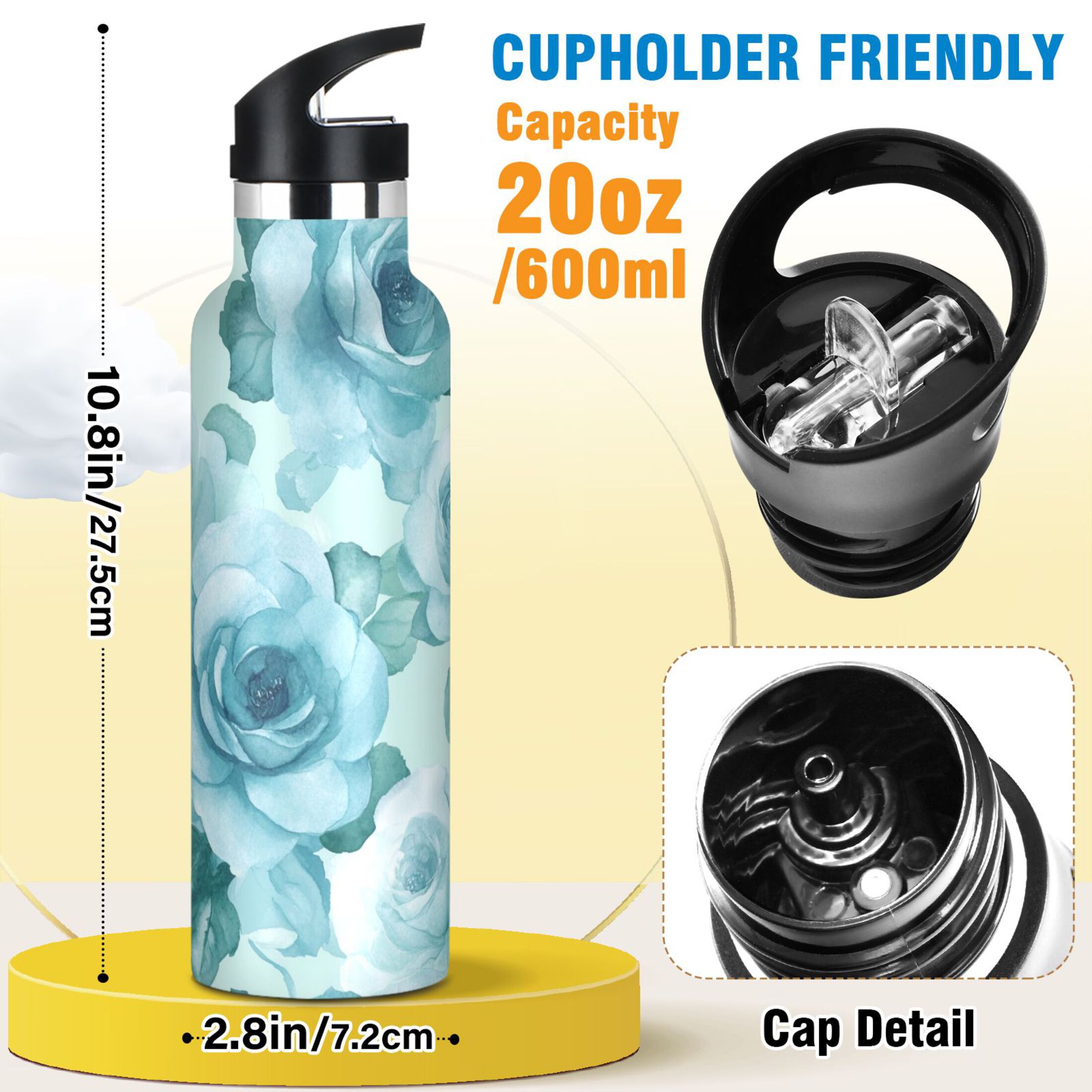 600ML Stainless Steel Insulated Cup Sports Water Bottle Portable Thermos Cup Water Glasses Insulated Tumblers Convenient and Durable Cartoon Turquoise Roses Seamless
