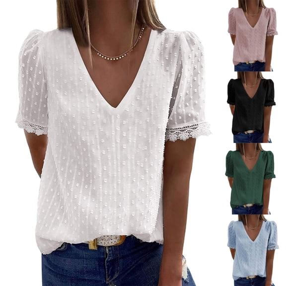 Hrsba V Neck Tops for Women Solid Color Jacquard Ruffle V Neck Short Sleeve Tees