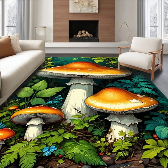 ODIKA 4'x6' Machine Washable Non-Slip Area Rug, Vintage Mushroom Non Slip High Traffic Rug, Orange, 342