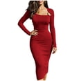 thumbnail image 2 of Karymi Solid Long Sleeve Midi Bodycon Dress, Metal O-Ring Cutout Asymmetrical Neck Side Ruched Irregular Slit Club Party Sundress Maxi Dresses for Women, 2 of 7
