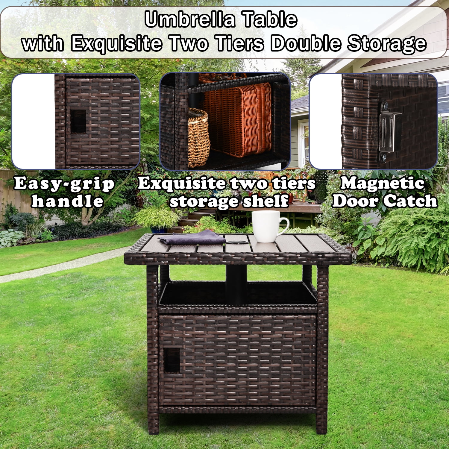 Umbrella Table with 2 Weight Bags Outdoor Patio Umbrella Side Table with Umbrella Hole Small Brown Wicker End Table for Outside Storage Coffee Table with Poly Lumber Top for Pool Garden Balcony Deck