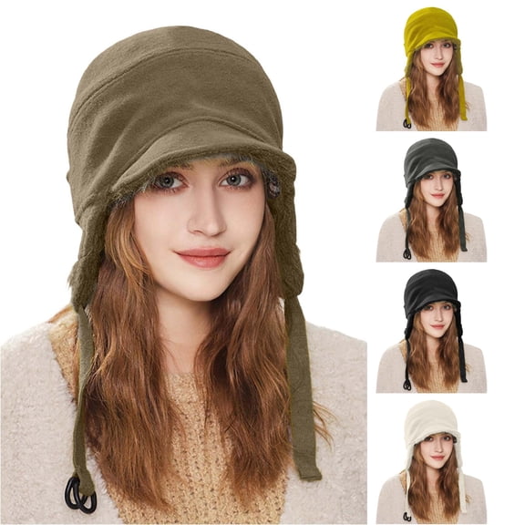 XIAOCHA Women’S Brimmed Ear‑Flap Beanie,Fleece‑Lined Fall‑Winter Outdoor Trapper,Khaki