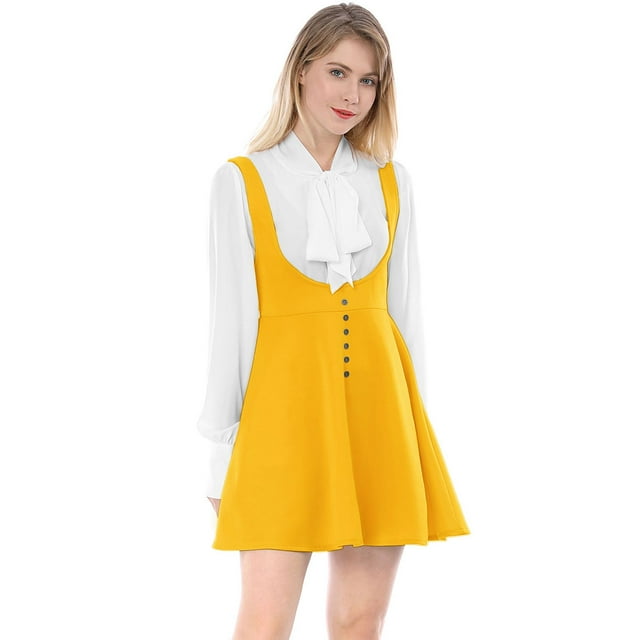 INSPIRE CHIC Robe Chasuble Salopette de Noël pour Femme Décor de Boutons Jupe Évasée à Bretelles Jaune P