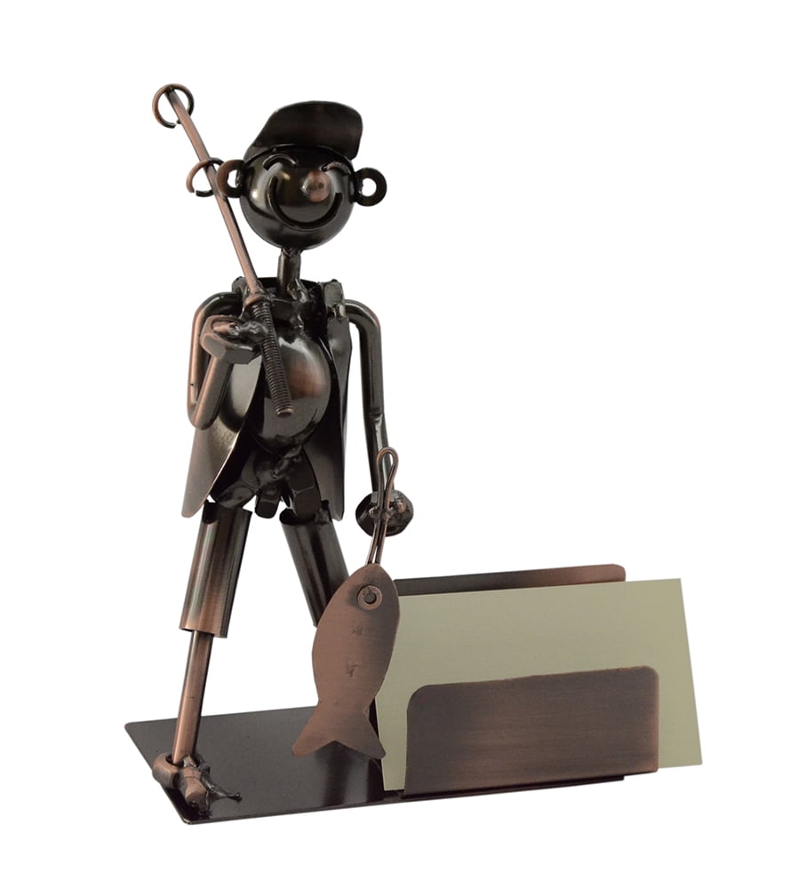 Fisherman with Fishing Pole and Fish Metal Business Card Holder