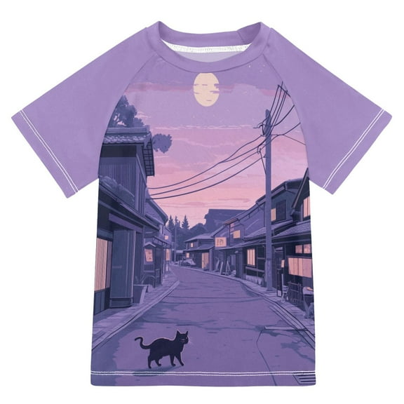 FORMRS Boys Rash Guard Short Sleeves Swim Shirt Quick Dry UPF 50  Sun Protection, Sizes 3-12T, Black Cat Walking