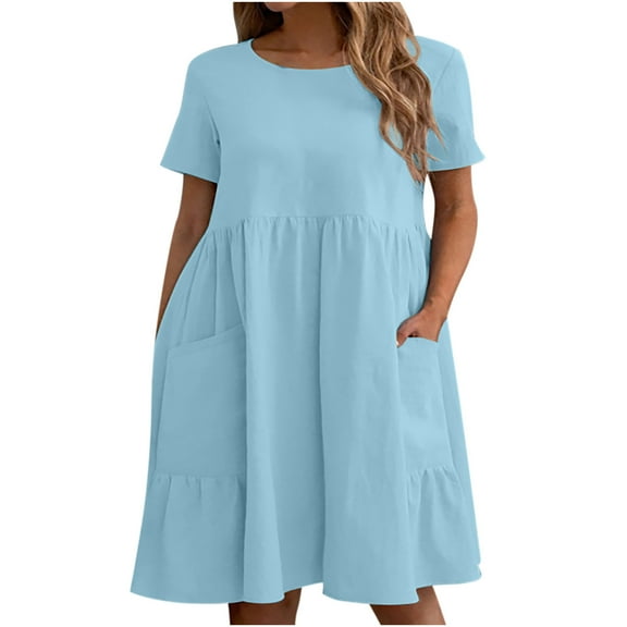 BLVB Women's Loose Short Sleeve Plain T-Shirt Dress Casual Round Neck Tiered Cotton Linen Dress Beach Sundress with Pocket