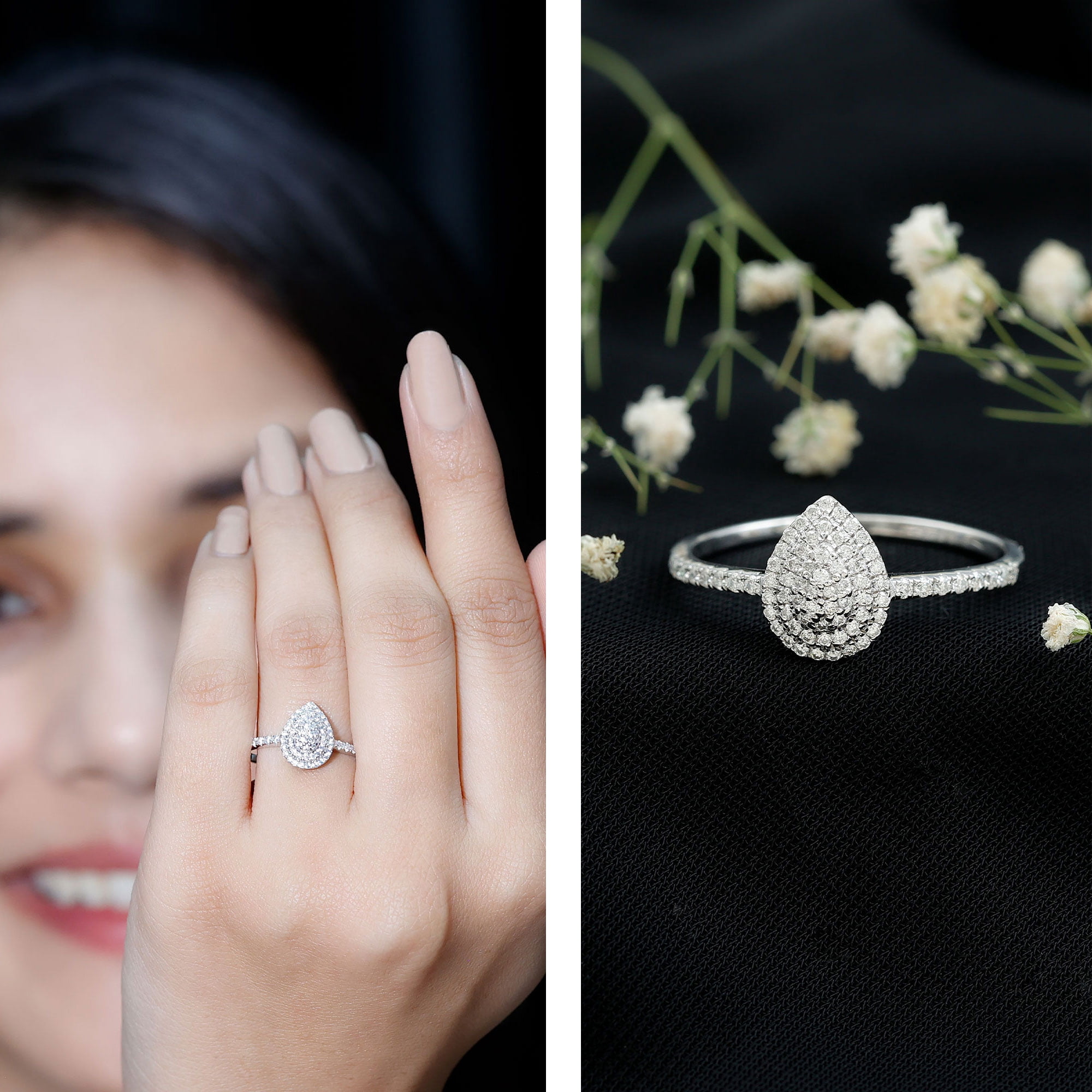 Rosec Jewels Certified Moissanite Pear Shape Engagement Ring for Women, 14K White Gold, US 11.00