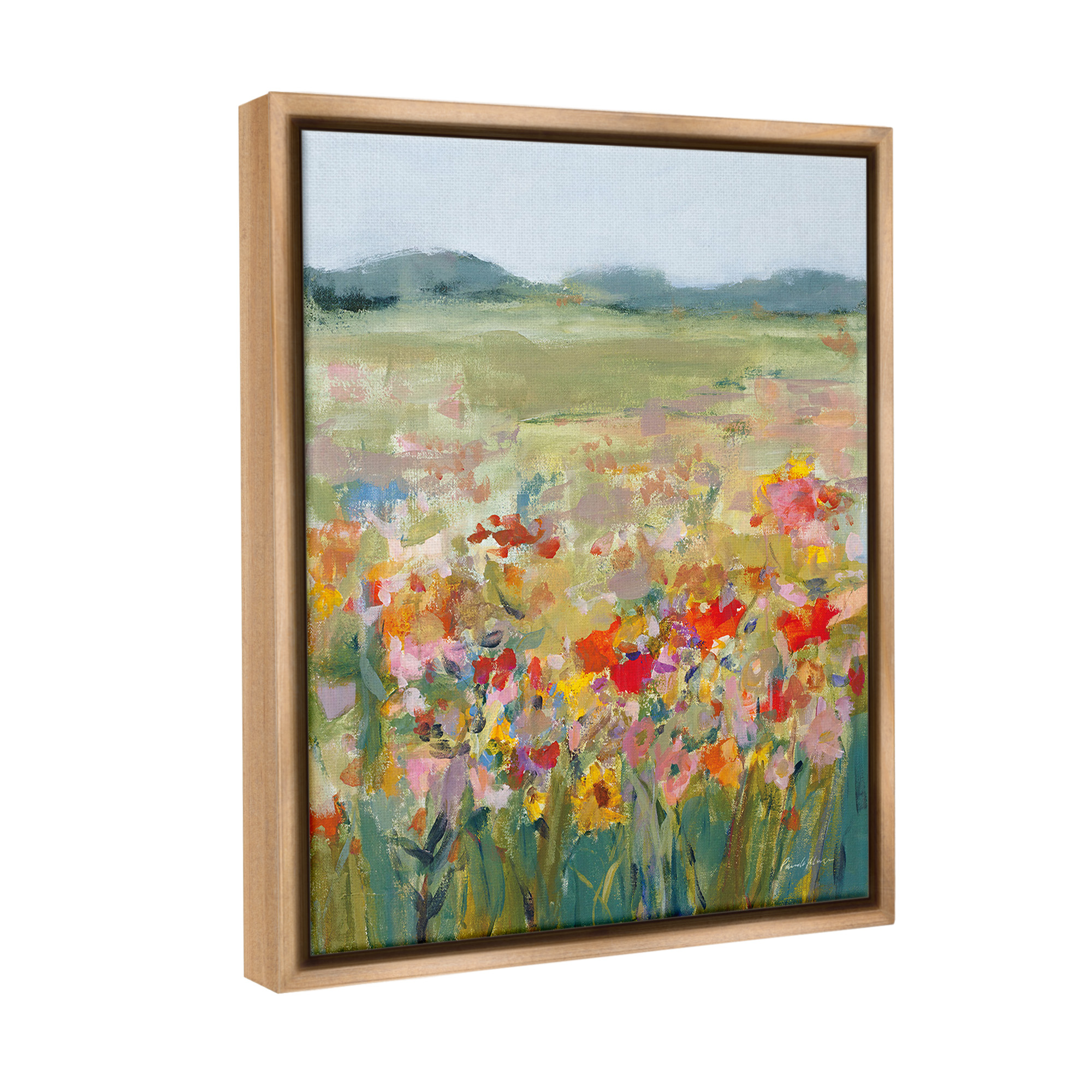 Stupell Industries Vivid Flower Meadow Landscape Painting Brown Floater Framed Canvas Art Print Wall Art, 25 x 31