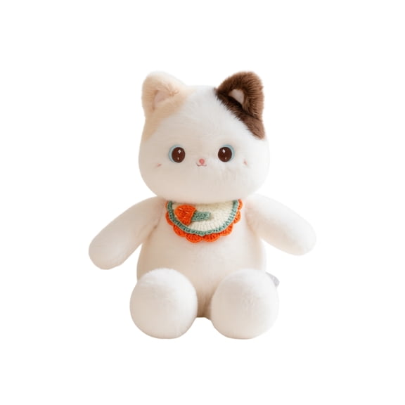 Running Cat Plush 15.7" Calico Cat Toy Cute White Stuffed Animal with Brown Ear Patch & Colorful Bib Soft Huggable Kitten Doll for Teens, Adults & Cat Lovers Unique Room Decor & Gift Idea
