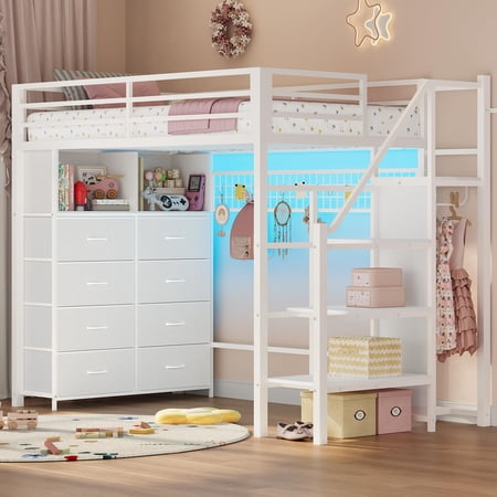 Afuhokles Twin Size Loft Bed with 8 Storage Drawers, Power Outlet, LED Metal Loft Bed with Storage Stairs and Wardrobe, White