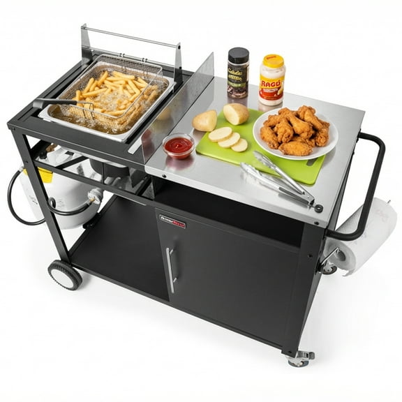 OuterMust Outdoor Grill Cart with Deep Fryer and Cabinet, Movable Outdoor Fish Fryer with 304 Stainless Steel Top, Propane Burner for Frying Fish, Chicken Wings, French Fries