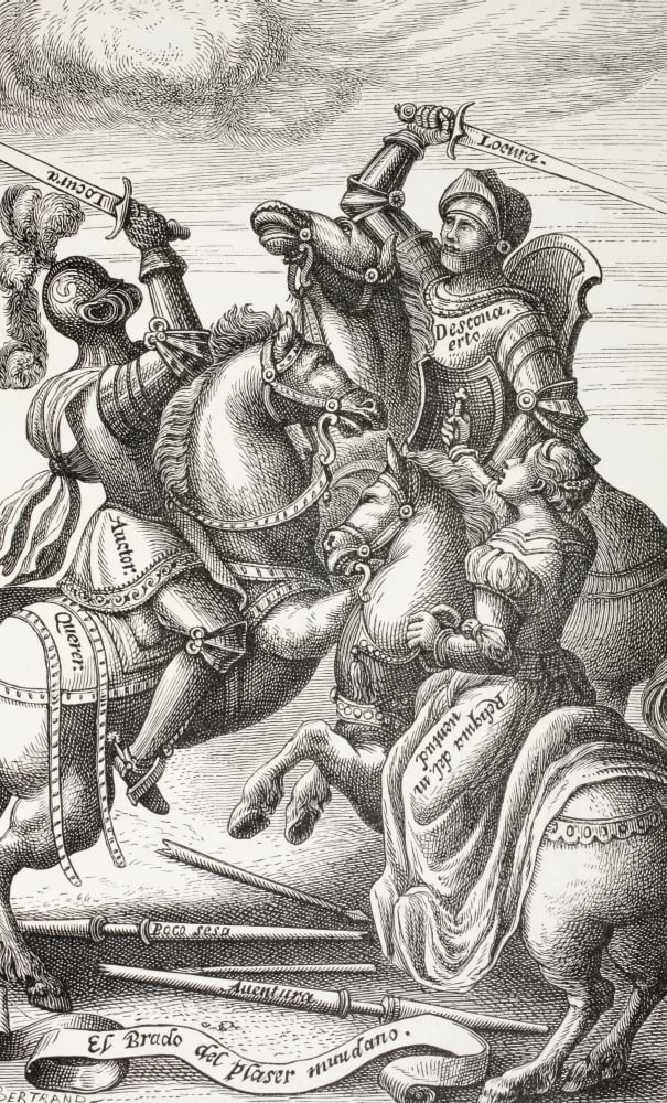 Chivalry Represented By Allegorical Figures Knights Fighting On Horseback After A 16Th Century Copperplate From Military And Religious Life In The Middle Ages By Paul Lacroix Published London Circa 18
