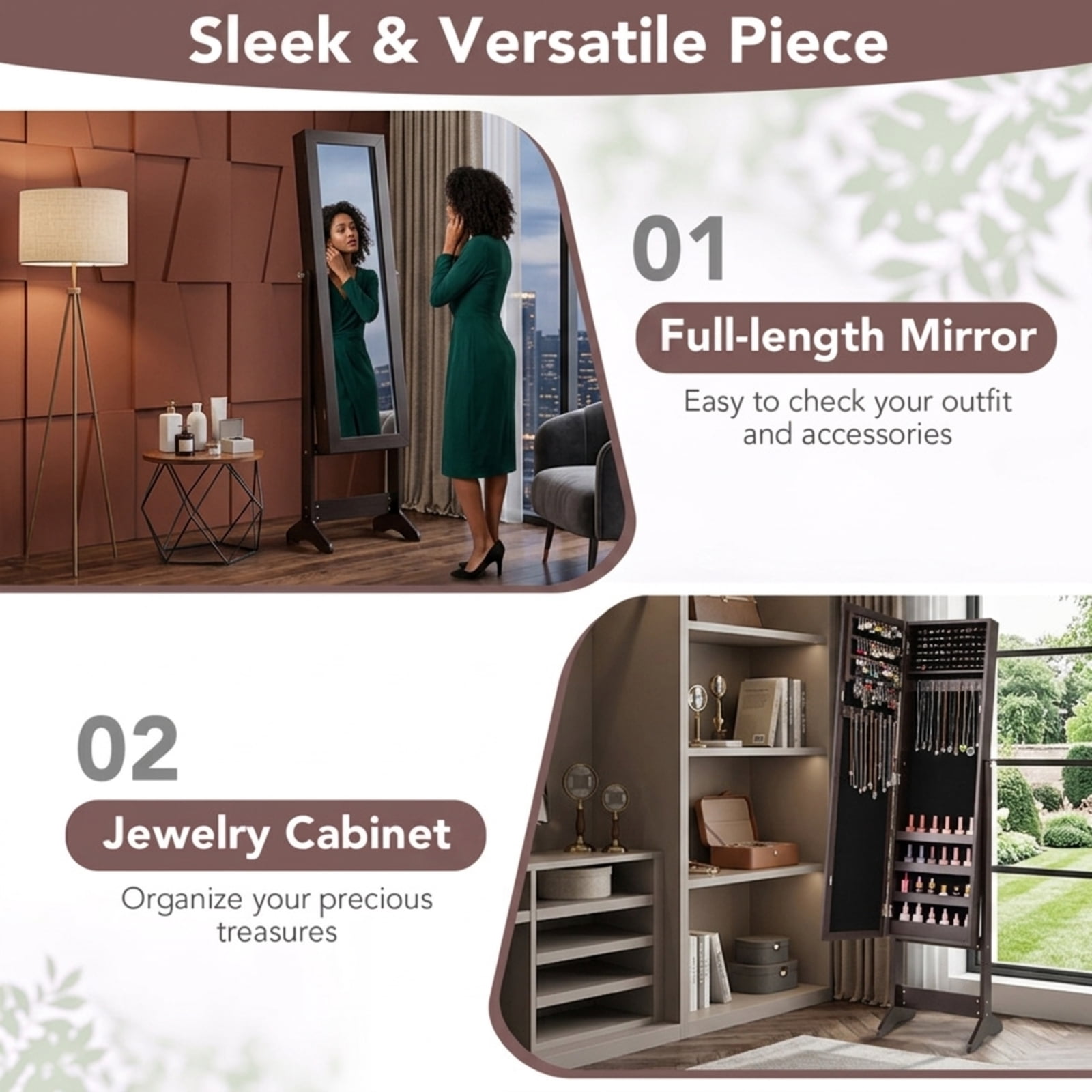 Furnibear Mirrored Standing Jewelry Cabinet Storage Box for Bedroom Dressing Room Jewelry Necklace Rings Storage Mirror, Rustic Brown