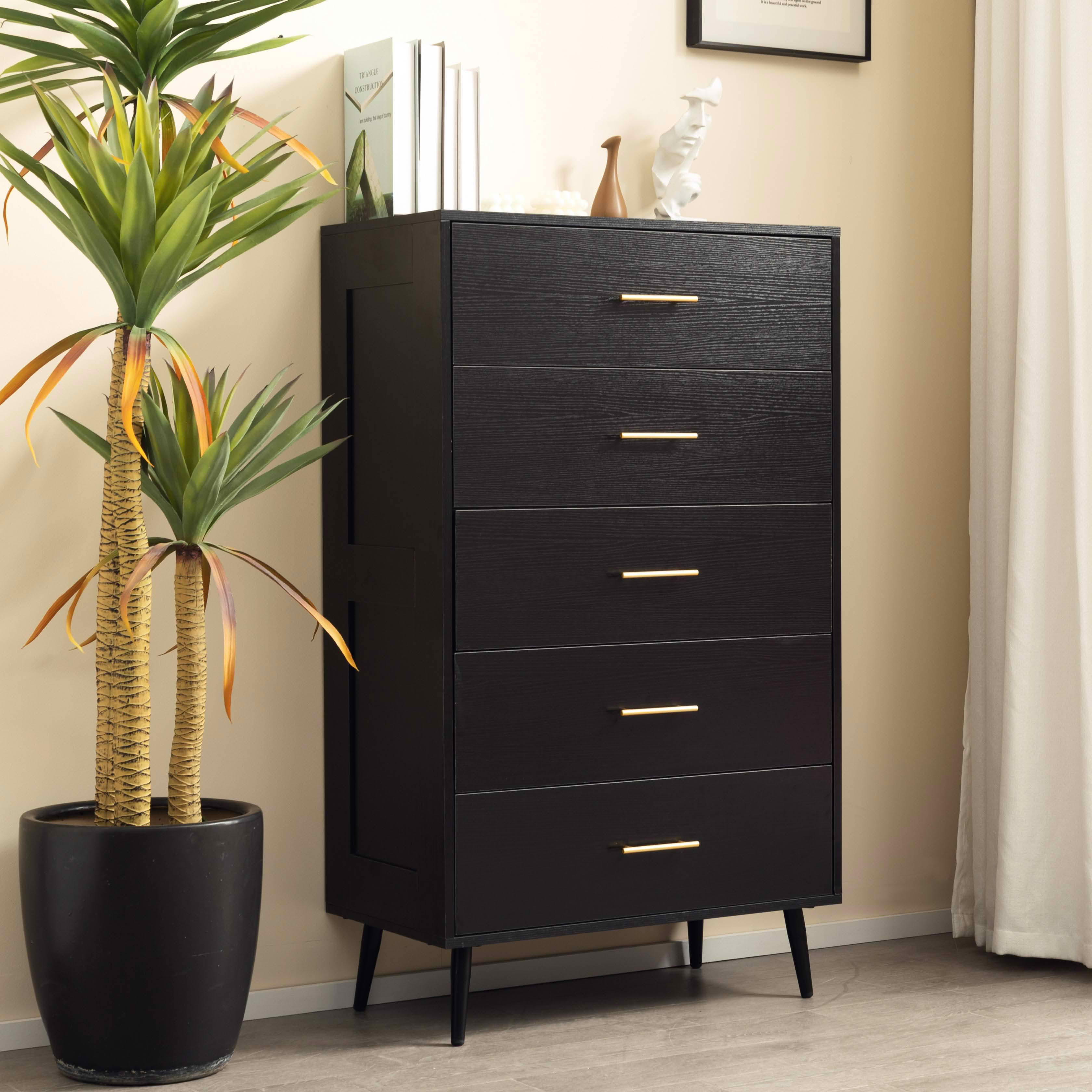 MAYEERTY 5-Drawer Chest, Modern Ash Wood Grain Storage Cabinet with Gold Metal Handles Tapered Legs