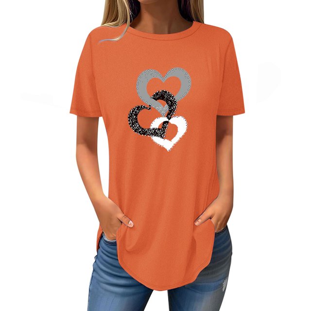FAIWAD Tuniques à Manches Courtes pour Femmes, Col Rond, Blouses Amples, T-shirts Graphiques avec Cœur Mignon