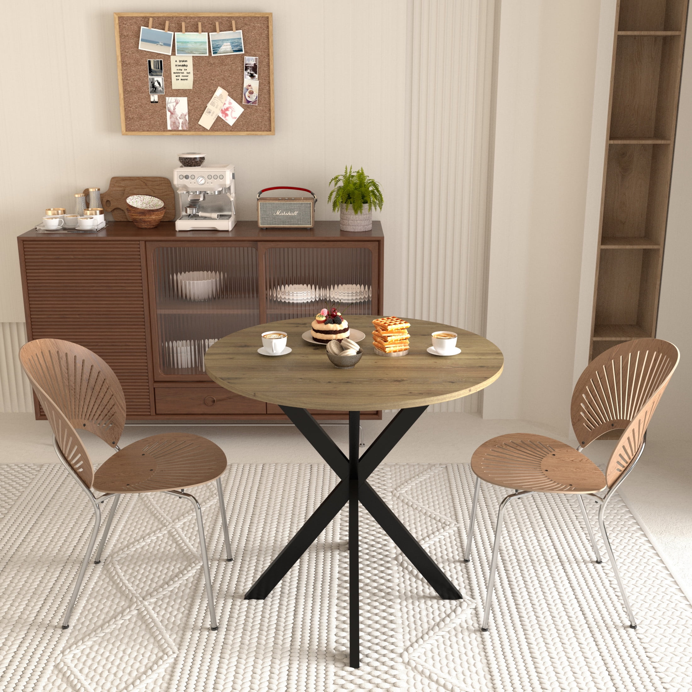 Noble House Prevale 31.5" Round Dining Table for 2–4, Small Modern Wooden Kitchen Table with Black Metal Legs, Brown