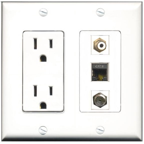 RiteAV - 15 Amp Power Outlet 1 Port RCA White 1 Port Coax 1 Port Shielded Cat6 Ethernet Ethernet Decorative Wall Plate