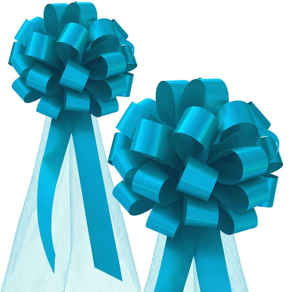 Turquoise Wedding Pull Bows with Tulle Tails - 8" Wide, Set of 6, Easter, Christmas