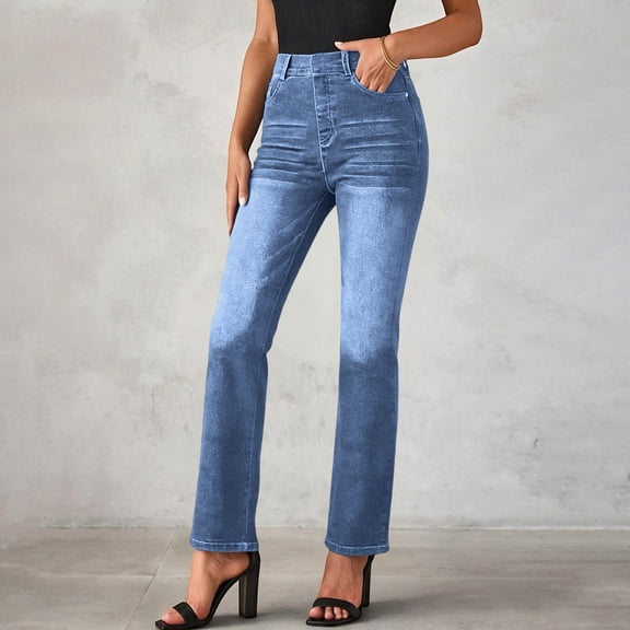 AUNVITO Women's High Waist Straight Leg Jeans Soft Stretchy Whisker Detail Comfort Fit Casual Trendy