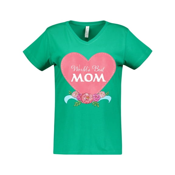 Inktastic World's Best Mom in Pink Heart with Flowers Women's V-Neck T-Shirt