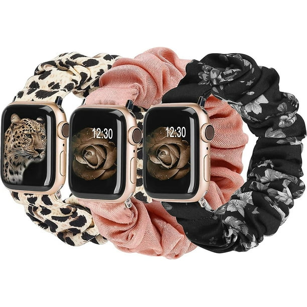 3 paquetes compatibles con Apple Watch Band Scrunchies 42 mm Tela Patrón suave Tela impresa Pulsera Pulsera Mujer Iwatch Bandas elásticas Scrunchy 44 mm