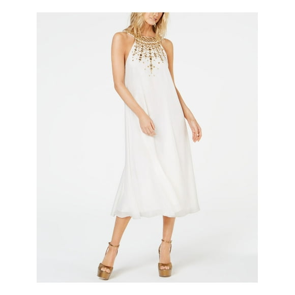 RACHEL ZOE Womens White Embellished Sleeveless Halter Midi Formal Shift Dress 6