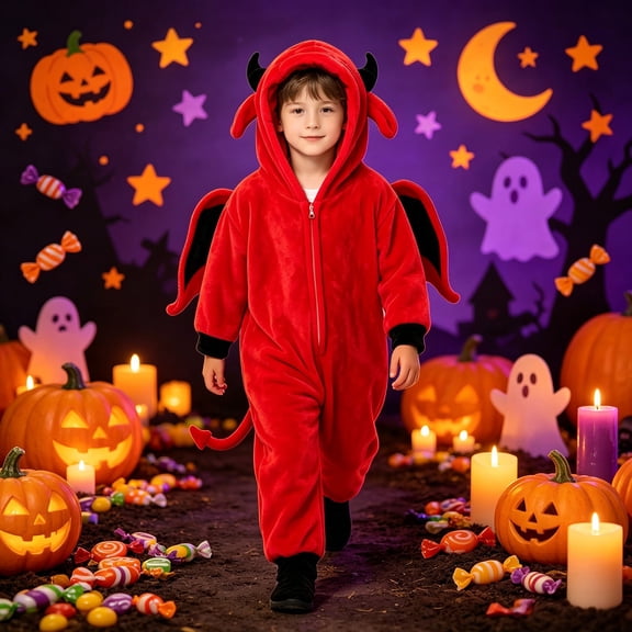 Ruyang Kids Hooded Jumpsuit Red Devil Zip Up Jumpsuit with Horns Wing Outfit Boys Girls Halloween Clothes Plush Party Dress Up Sets