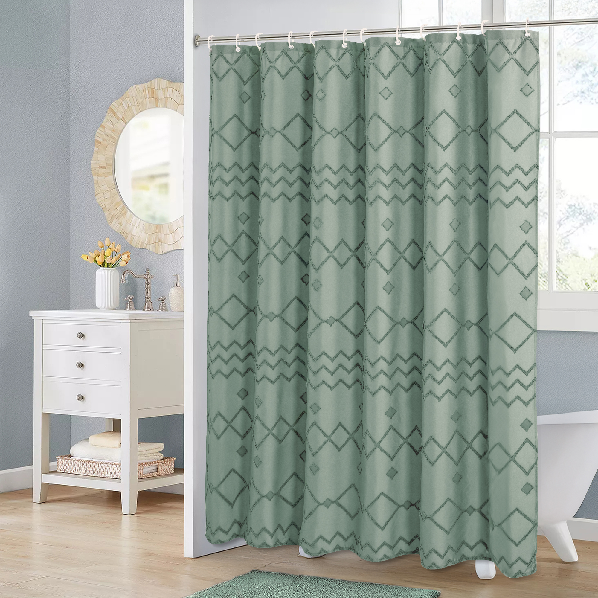 Seasonwood Boho Green Striped Fabric Shower Curtain with Hooks photo 8
