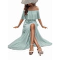 thumbnail image 3 of Women'S Off Shoulder Dot Maxi Dress Ruffle Corset Tassel High Waist Sundress Split Solid Casual Long Dress Gray Green XL, 3 of 8