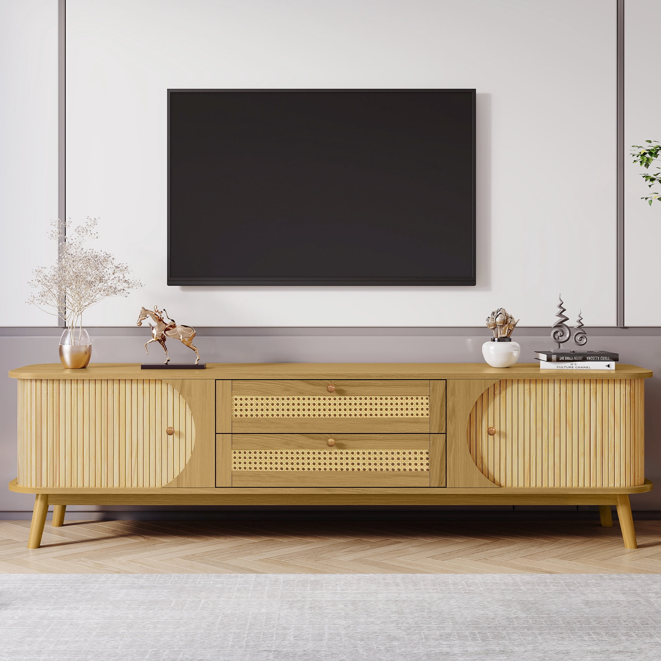 Noble House Rattan TV Stand for TVs up to 75 Inch with Storage Cabinets and Drawers, Natural