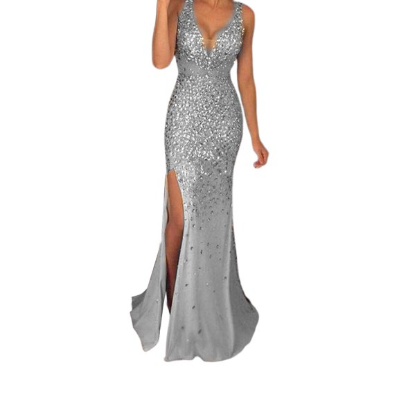 Vestido de noche Qarigey Traje de fiesta Brillo Cóctel Ropa de dama Plata XXXL