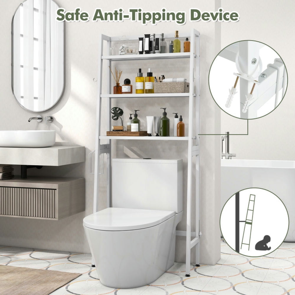 Finihen Toilet Storage Rack, Toilet Storage Shelf, 3-Tier Over The Toilet Storage Shelf with Adjustable Bottom Bar, for Bathroom, White