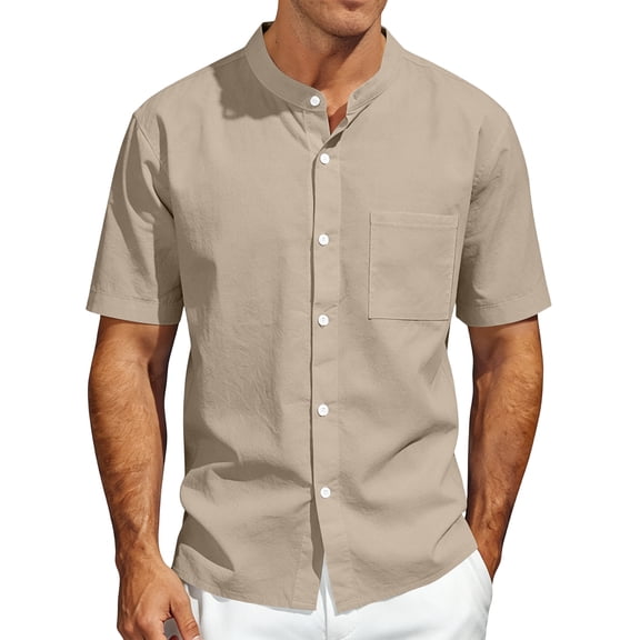 Mens Linen Short Sleeve Shirt, Stand Collar Relaxed Fit Breathable Top for Business Casual and Daily Wear Khaki 2XL
