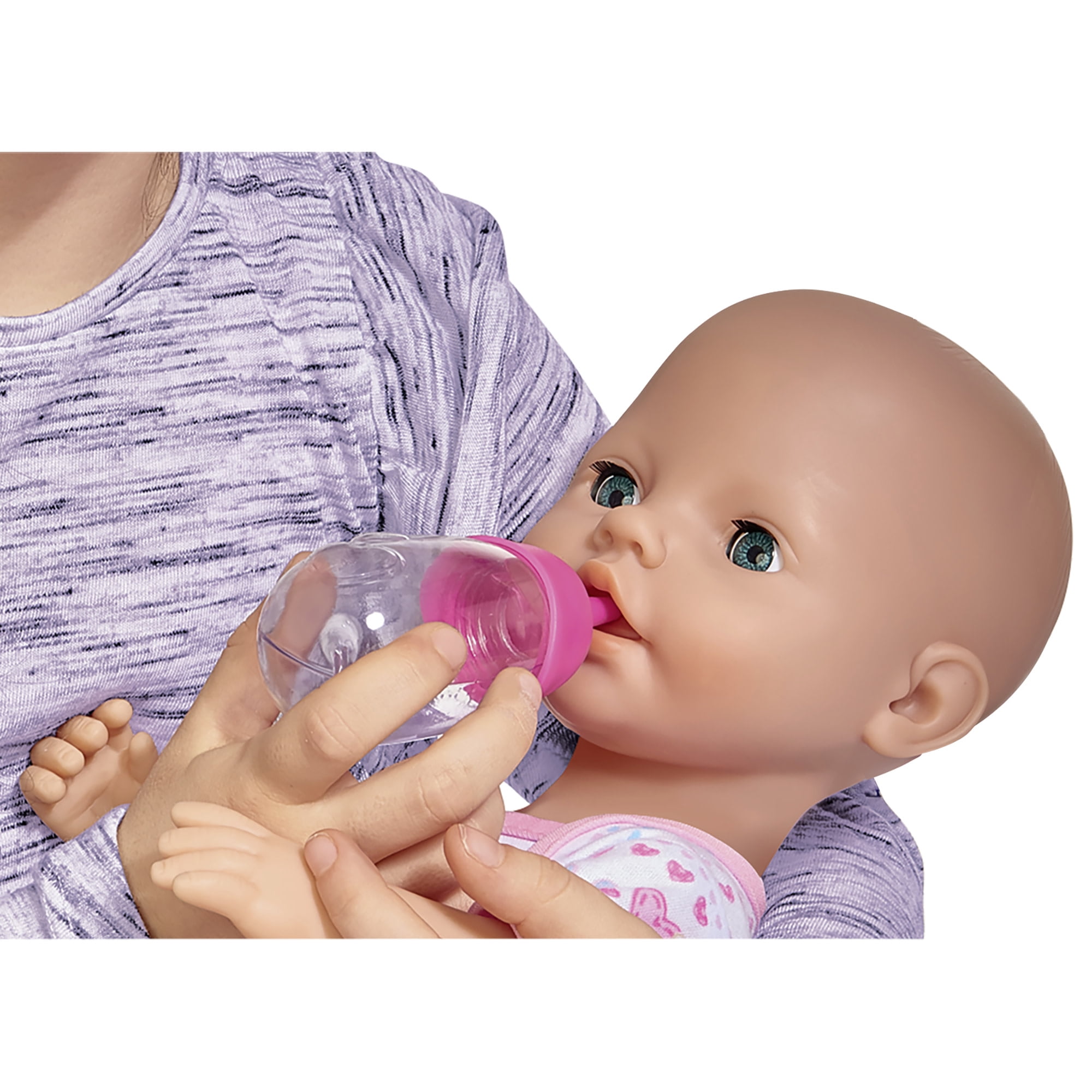 Simba Toys: Newborn: Drink & Wet - 15" Baby Doll & 7pc Toy Accessories - Pink-Heart-Teddy Bear Onesie, Potty Toilet, Bottle, Diaper & More, Kids 3+