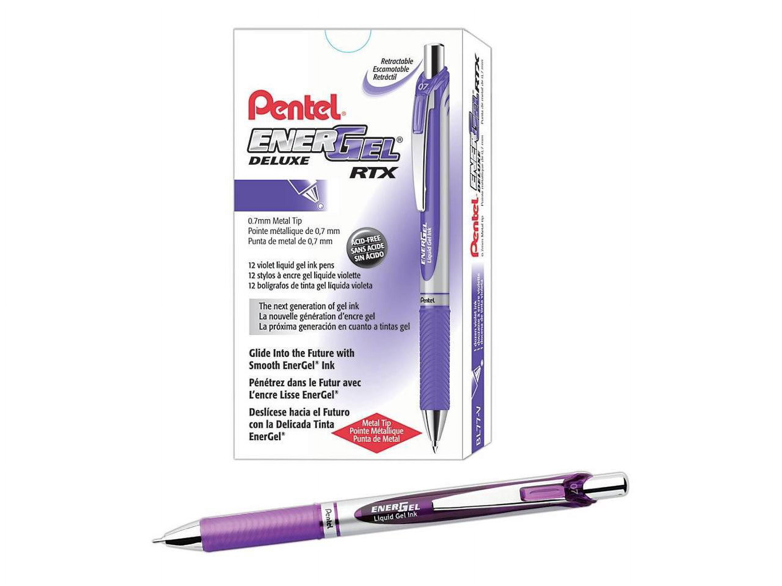 Pentel® EnerGel™ Retractable Liquid Gel Pens, Medium Point, 0.7 mm, Silver Barrel, Violet Ink, Pack Of 12