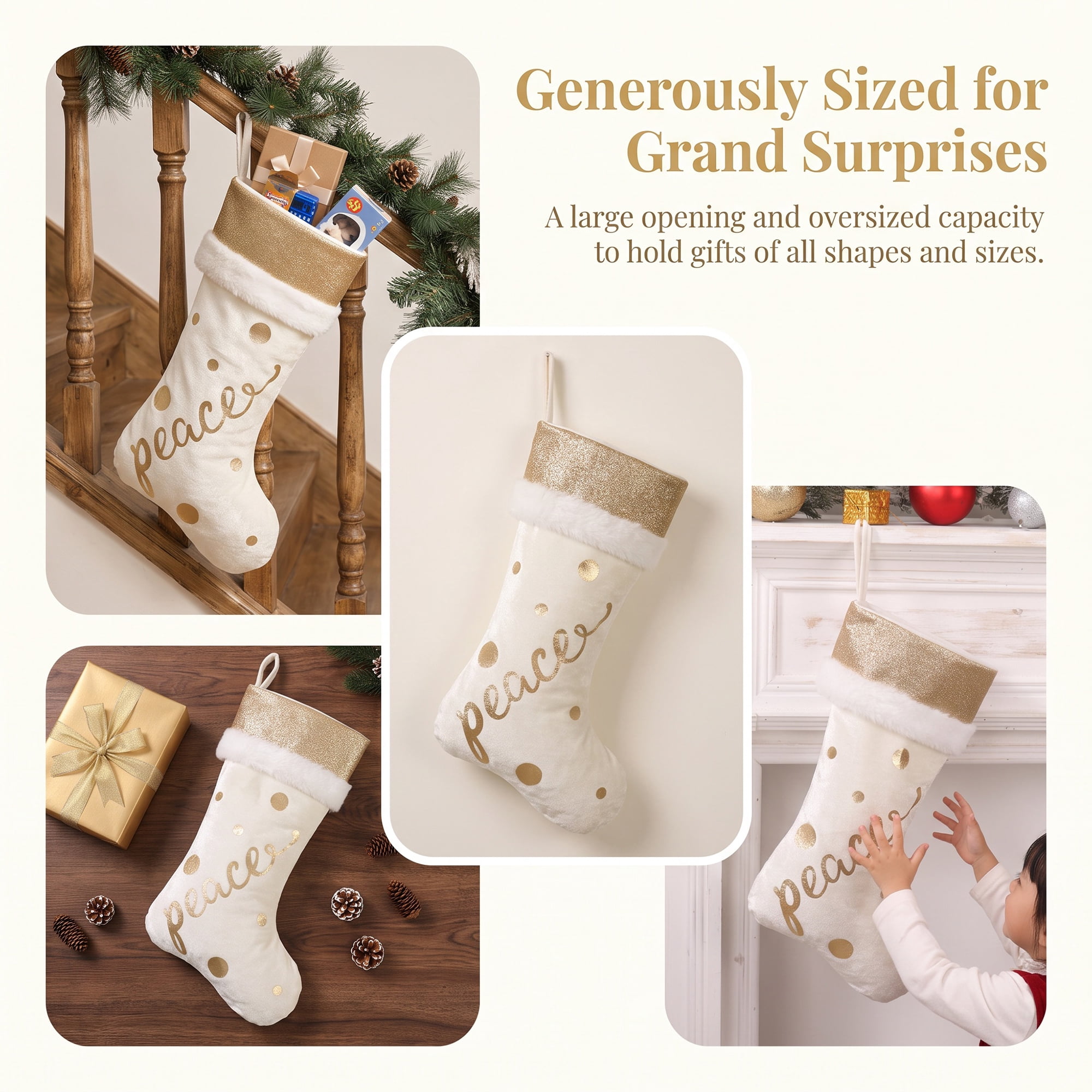 Unique Bargains Shabby Chic Stocking Luxury Double Layer Velvet Sock Gold 18"  "Peace "