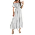 thumbnail image 2 of Axiiglly Summer Dresses for Women Solid Color Ruched Midi Dresses Off The Shoulder Casual Dresses Stretchy Ruffle Flowy Dresses Vacation Boho Beach Dress, 2 of 6