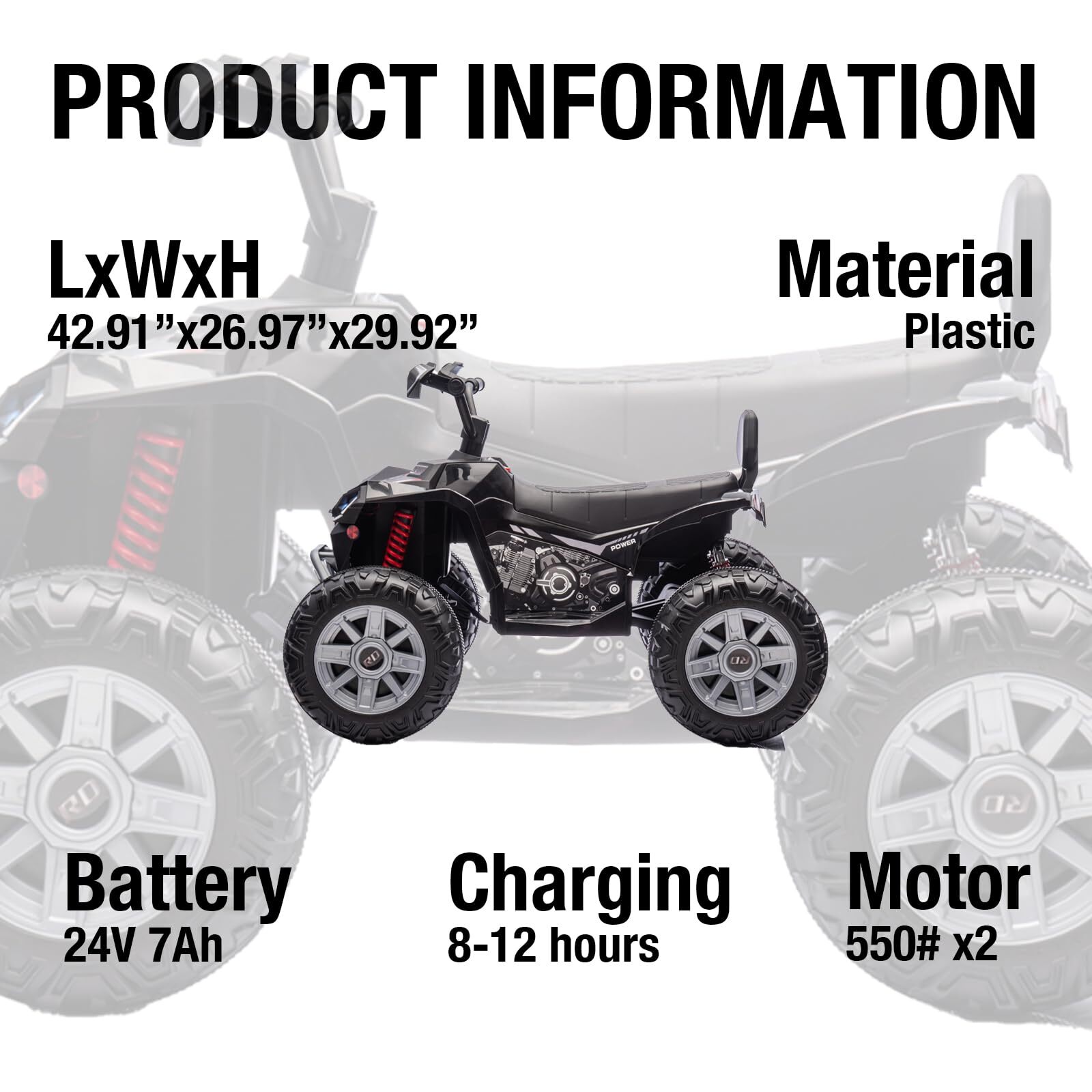 24 Volt Kids ATV Ride-On, Electric Dual 4 Wheeler with Leather 2-Seater, Ride on Toys for Big Kids with LED Lights, Music, High Low Speed, Black