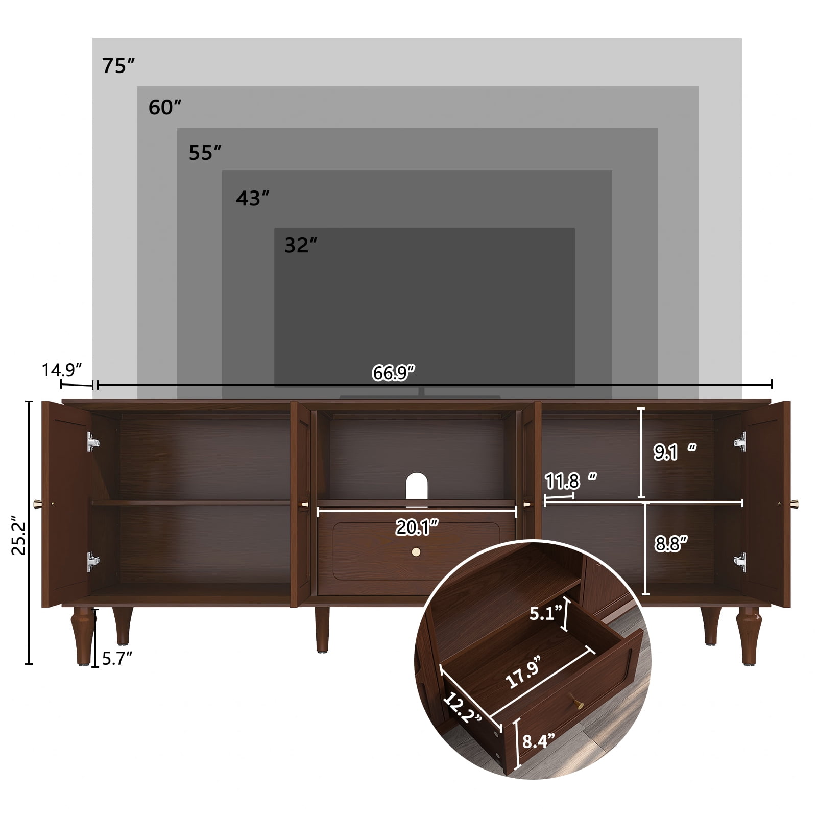 67" Mid-Century TV Stand for TVs up to 75 " , Retro Entertainment Center with Storage Cabinets and Drawers, Brown
