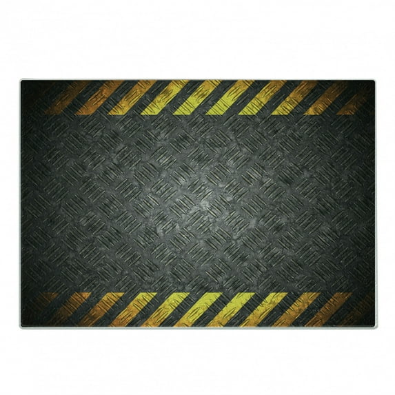 Construction Cutting Board, Abstract Background with Caution Tape Inspired Frame Borders, Decorative Tempered Glass Cutting and Serving Board, Small Size, Dark Taupe Marigold, by Ambesonne
