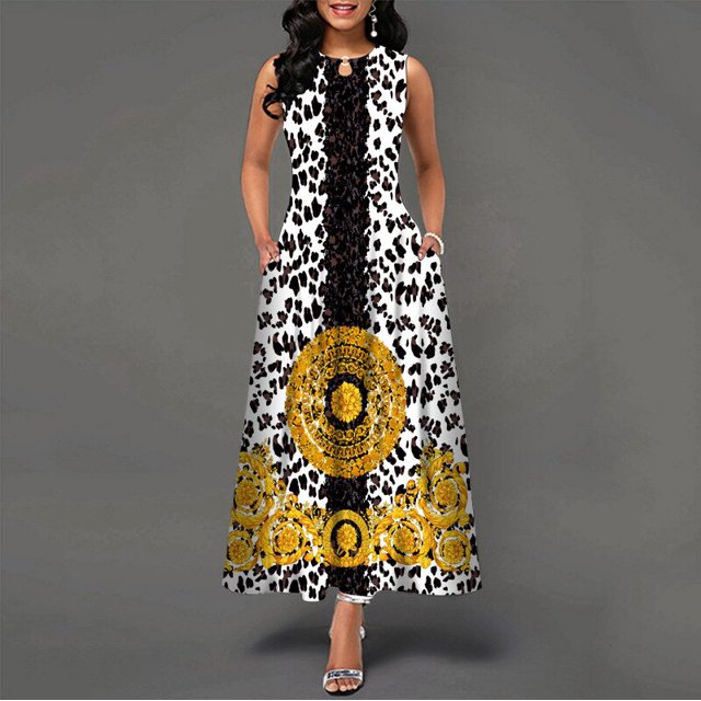 WAYOFLOVE Ladies Spring Summer Long Dress Women White Sleeveless V-neck Pockets Party Dresses Elegant Print Casual Vintage DressXL Gao Jinjia LED