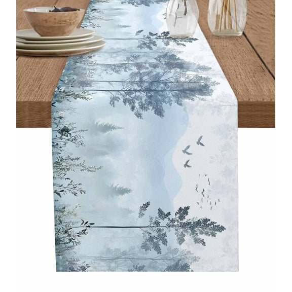 Hokiten Table Runners 60 Inches Long Dress Scarves, Ombre Forest Grey Farmhouse Kitchen/Dining Table Runner, Small Coffee Tablerunners, Mountain Watercolor Branches 13x60 Inch